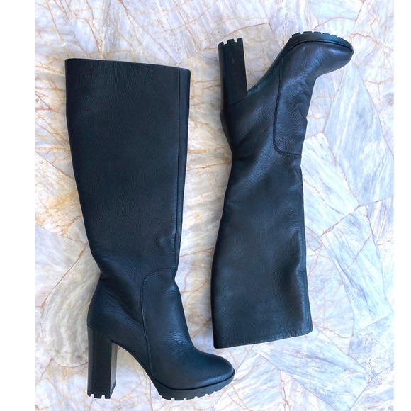 Kenneth Cole Shoes - Kenneth Cole New York Black Pebbled Leather Knee High Block Heel Lug Boots